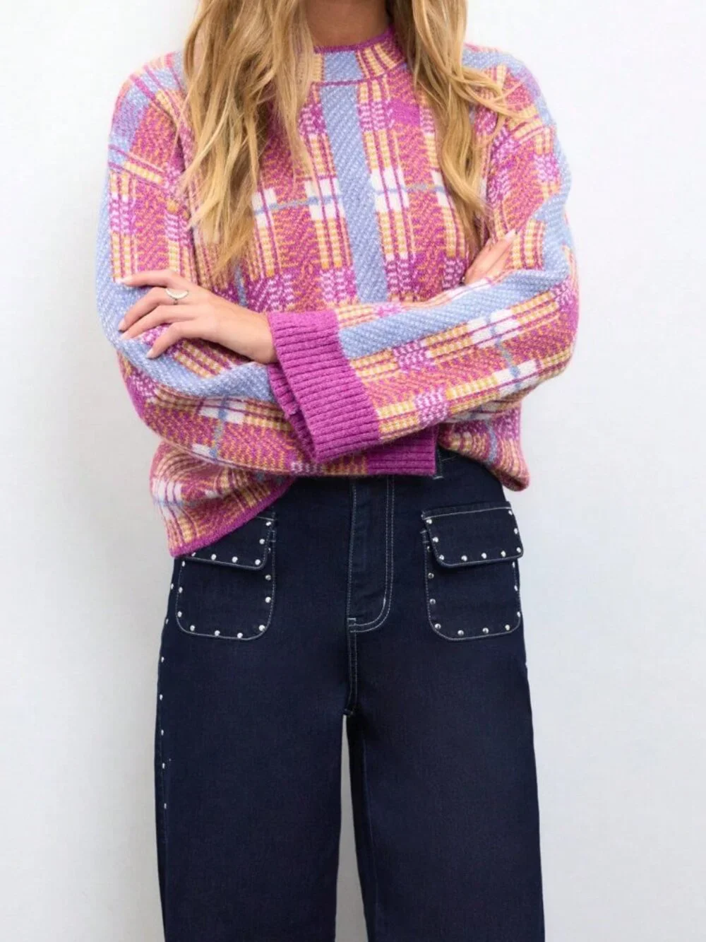 Red Violet Casual Women's Brushed Plaid Knit Sweater With Crew Neck